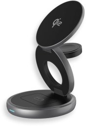 Twist 3-in-1, wireless Qi2 charging station for iPhone (15W), AppleWatch (2.5W) & AirPods (5W), Qi2 certified, magnetic charging pads with stand function, foldable, power adapter 30W, USB-C charging cable 1 m, space gray