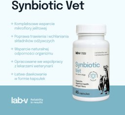 LAB-V Synbiotic Vet  Wsparcie zdrowia układu pokarmowego i mikroflory jelitowej dla psów i kotów 45 kapsułek