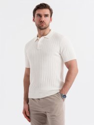 Męska koszulka polo z wiskozą SLIM FIT w pionowy prążek złamana biel V3 OM-POSS-0143 M