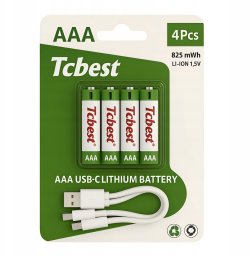 Baterie Do Ładowania USB-C Akumulatorki AAA Litowo Jonowy 4x Bateria  Kabel