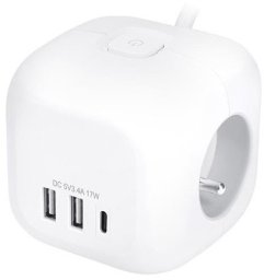 Solight 3z + USB A+C prodlužovací přívod - kostka, kabel 2m, 3 x 1mm2, bílý, vypínač