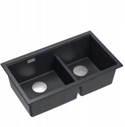 QUADRON | LOGAN 120 | granitowy zlewozmywak kuchenny BLACK DIAMOND + STAL | wymiar: 76 x 45 x 23,5 cm | 2-komorowy podwieszany | podbudowa szafki od: 80 cm