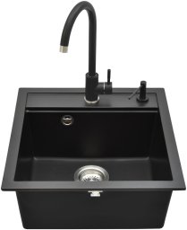 Stone sink 49x51x20 cm and mixer tap set; black; soap dispenser