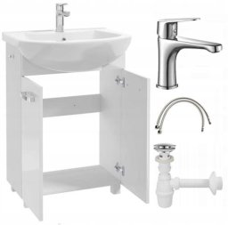 Szafka łazienkowa z umywalką baterią i syfonem 60cm stojąca biały połysk