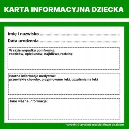 Karta MEDYCZNA Informacyjna Dziecka NAKLEJKA BEZPIECZEŃSTWA do SAMOCHODU