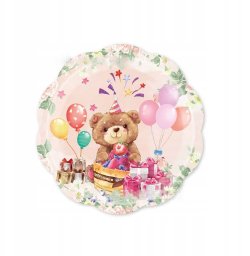 Talerzyki Jednorazowe MIŚ Tort Balony talerze papierowe URODZINY 23cm 8 szt