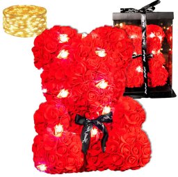 Springos Miś z płatków róż czerwony 25 cm rose bear z kokardką i lampkami LED biały ciepły UNIWERSALNY
