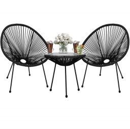 Zestaw mebli rattanowych 2 fotele ażurowe i okrągły stolik ze szklanym blatem czarny UNIWERSALNY