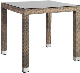 Stalas LARACHE 80x80xH75 cm, stalviršis: 5 mm skaidrus stiklas, aliuminio rėmas su plastikinėmis vytelėmis, spalva: pilka