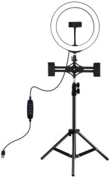 LED žiedinė lempa 26cm, su trikoju stovu iki 1.1m ir 3 telefono laikikliais, USB