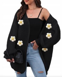 Modny sweter damski kardigan czarny black w kwiaty 3D uniwersalny