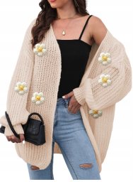 Modny sweter damski kardigan beżowy beige w kwiaty 3D uniwersalny