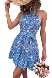Piękna damska sukienka mini modna w kwiaty niebieska blue wiązana M