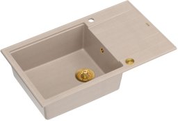 Zlewozmywak GraniteQ EVAN 136 XL GraniteQ zlewozmywak z syfonem Push To Open 1-komorowy z/o (860x500x210; kom. 420x490) pearl beige / elementy złote