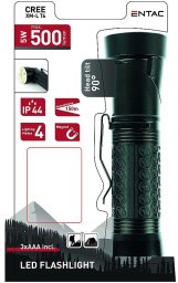 LED flashlight ENTAC, IP44, 5W, 500lm, batteries 3xAAA (not included), head rotates 90deg, black, 4x14cm
