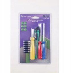 Zestaw narzędzi 10el. Bity: PH1,2,3, SL 4,5,6mm, uchwyt bitów 120mm, wkrętaki: PH1x75mm, SL 4x72mm, nóż łamany)