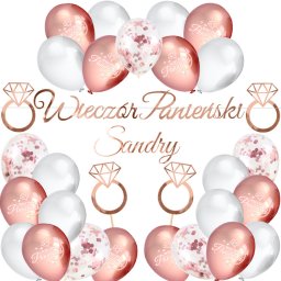 Zestaw Panieński Balony Baner Toppery Pierścionki Biel-Rose Gold