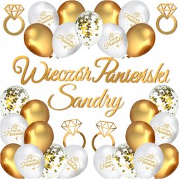 Zestaw Panieński Balony Baner Toppery Z Pierścionkami Złoto