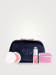 Natural Glow Ritual Set Christian Dior: Backstage Rosy Glow, Blush Compact Powder, 001, Pink, 4.6 g + Addict, Glossy, Lip Oil, 001, Pink, 6 ml + Abricot, Fortifying, Nail Cream Treatment, 8 g + Textile Makeup Bag, Blue For Women