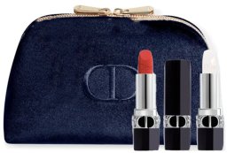 Set Christian Dior: Couture Colour, Velvet, Cream Lipstick, 720, Icone, Refillable, 3.5 ml + Couture Colour, Lip Balm, 000, Diornatural, Refill, 3.5 g + Textile Makeup Bag, Blue For Women