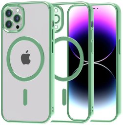 Etui MagSafe Magnetyczne do Apple iPhone 14 Pro Max, Przezroczysty z Zieloną Ramką