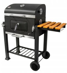 Duży Grill węglowy żeliwny ruszt 113,5x50x107 cm ogrodowy z drewnianą półką