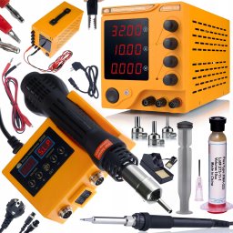 Zasilacz laboratoryjny AmpRush RARES-3210 32V 10A + Stacja lutownicza 2w1 Hot-Air Orange Husky OH660 Seria Electric S + Topnik RMA-223 tłoczkiem i igłą
