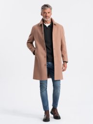 Jednorzędowy męski długi płaszcz z kołnierzykiem i podpinką  brązowy V2 OM-COWC-0106 L
