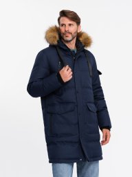 Długa ciepła kurtka męska z kapturem typu parka  granatowa V1 OM-JALJ-0182 L
