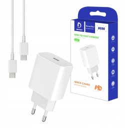DENMEN ŁADOWARKA SIECIOWA 3,6A 20W BIAŁA DENMEN + KABEL TYP-C DO TYP-C 1m