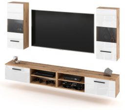 Meblościanka Wisząca Do Salonu 240cm Pojemna Szafka Rtv Wotan Biała Połysk