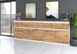Komoda Do Salonu Sypialni Nowoczesna 200cm 5 Szuflad Biała Mat Dąb Wotan