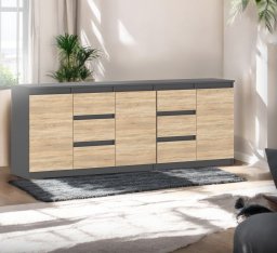 Komoda Wysoka Z 6 Szufladami 200cm Pojemna Szafka Szara Mat Dąb Sonoma