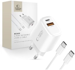 TECH-PROTECT NCA30 2-PORT NETWORK CHARGER PD 30W / QC3.0 + TYPE-C CABLE WHITE