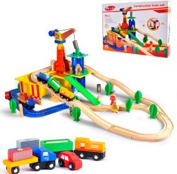 KOLEJKA DREWNIANA z dźwigiem 80el. pociąg auta TOR