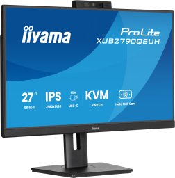 iiyama ProLite 27" monitor IPS QHD z wbudowaną kamerą i mikrofonem Windows Hello, USB-C, przełącznikiem KVM i podstawką o regulowanej wysokości