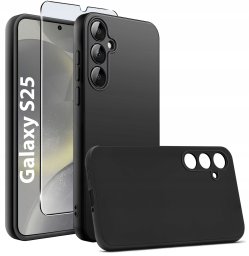 krainaGSM Etui do Samsung S25 CASE Gumowe CZARNE Matowe Silikon Slim + SZKŁO 9H