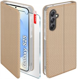 Etui z klapką do Samsung S25 Zamykane Złote Futerał + Szkło 9H
