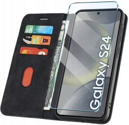 krainaGSM ETUI Z KLAPKĄ do Samsung S24 Zamykane Magnetyczne Kabura Czarne + Szkło