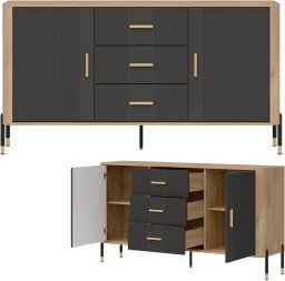 Komoda Szafka dwudrzwiowa z 3 szufladami Dąb Antracyt Złoty DANTE DT06