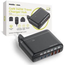 Mobile Origin GaN 140W Travel Charger Hub PW12 EU/UK/US, 3x USB-C + 3x USB-A