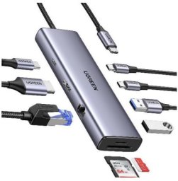 HUB USB Ugreen HUB UGREEN CM498 USB-C / 2xUSB-A, 2xUSB-C, HDMI, VGA, RJ45 1000Mbps, SD/TF, USB-C PD 100W szary