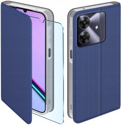 krainaGSM Etui z klapką do Realme Note 60 Zamykane Granatowe Futerał + Szkło 9H