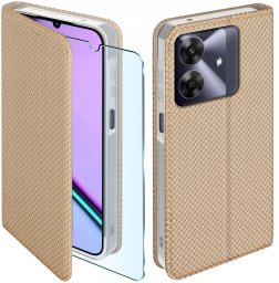 krainaGSM Etui z klapką do Realme Note 60 Zamykane Złote Futerał + Szkło 9H