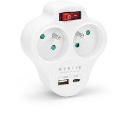 Rozgałęźnik sieciowy podwójny z wyłącznikiem + USB-A + USB-C MONTIS MT144-WH biały