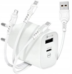 Ładowarka 3w1 Sieciowa Szybka USB / USB-C Kabel USB-C Micro USB Lightning