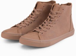 Wysokie męskie trampki z matową fakturą i wytłaczanym logo   jasnobrązowa V3 OM-FOTH-0185 45