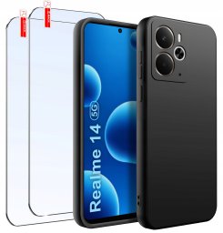 krainaGSM ZESTAW Etui do Realme 14 5G Matowe Czarne Silikon Slim +2 SZTUKI SZKŁO