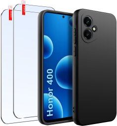 krainaGSM Etui do Honor 400 Matowe Czarne Silikon Slim + 2 SZTUKI SZKŁO 9H