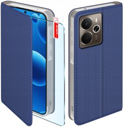 krainaGSM Etui z klapką do Realme 14 5G Zamykane Granatowe Futerał + Szkło 9H